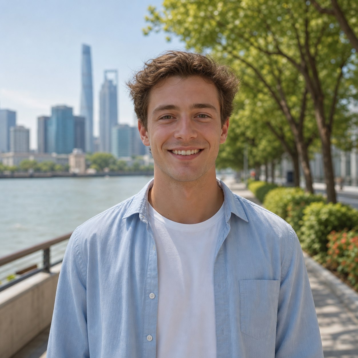 Example profile portrait of a French Au Pair student beside the Shanghai waterfront
